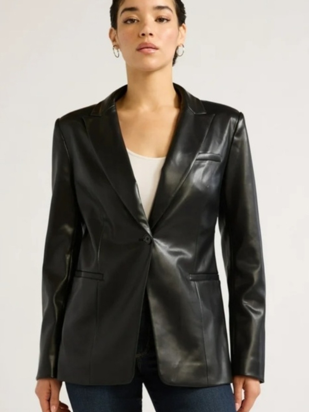 NWT Black Faux Leather Single-Button Blazer - Picture 1 of 5